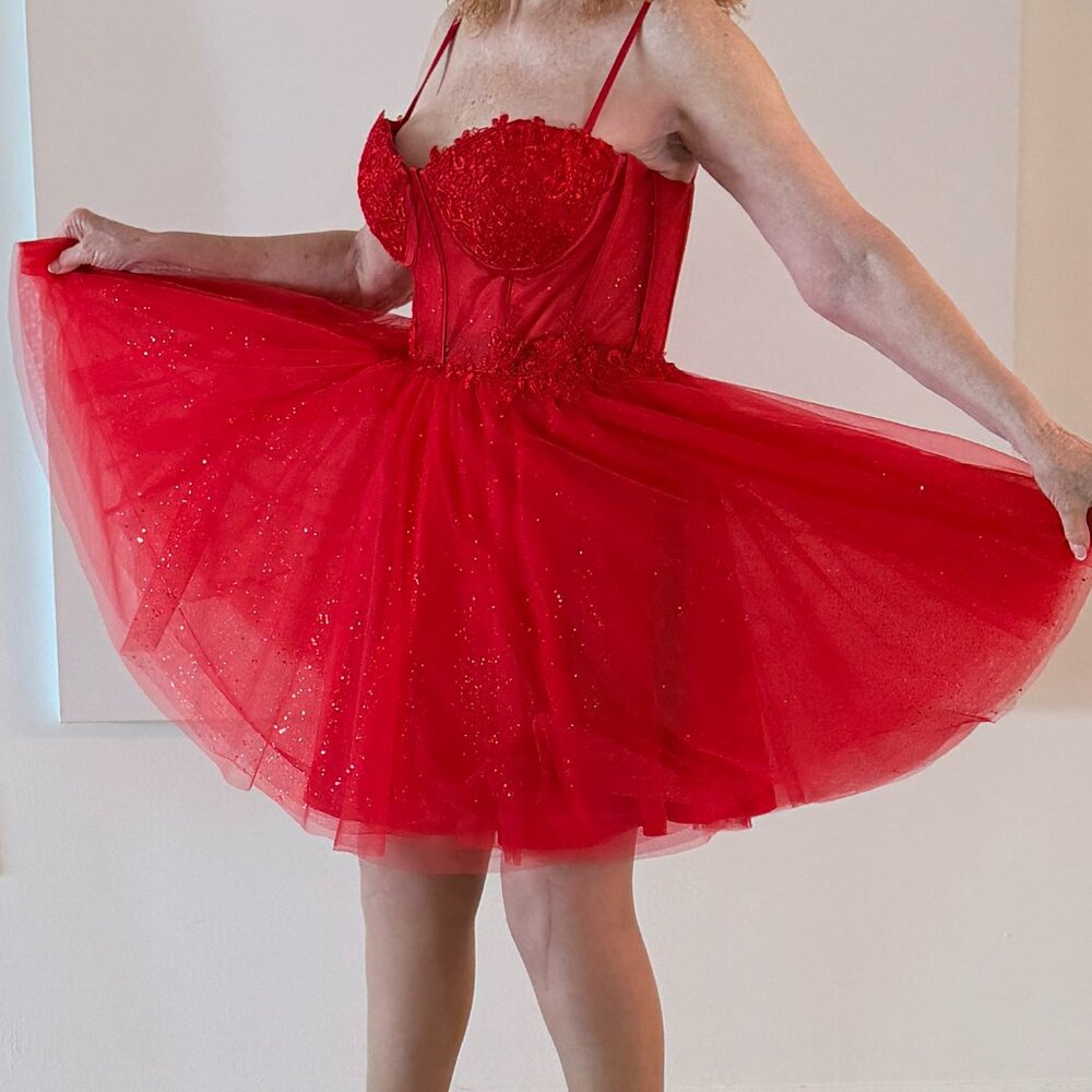 Red Sparkle Tulle Mini Dress with Corset Bodice